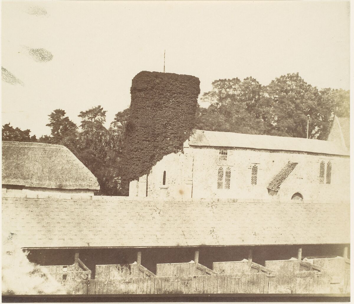 [Stables and Ivy Covered Tower], Unknown (British), Salted paper print from paper negative 