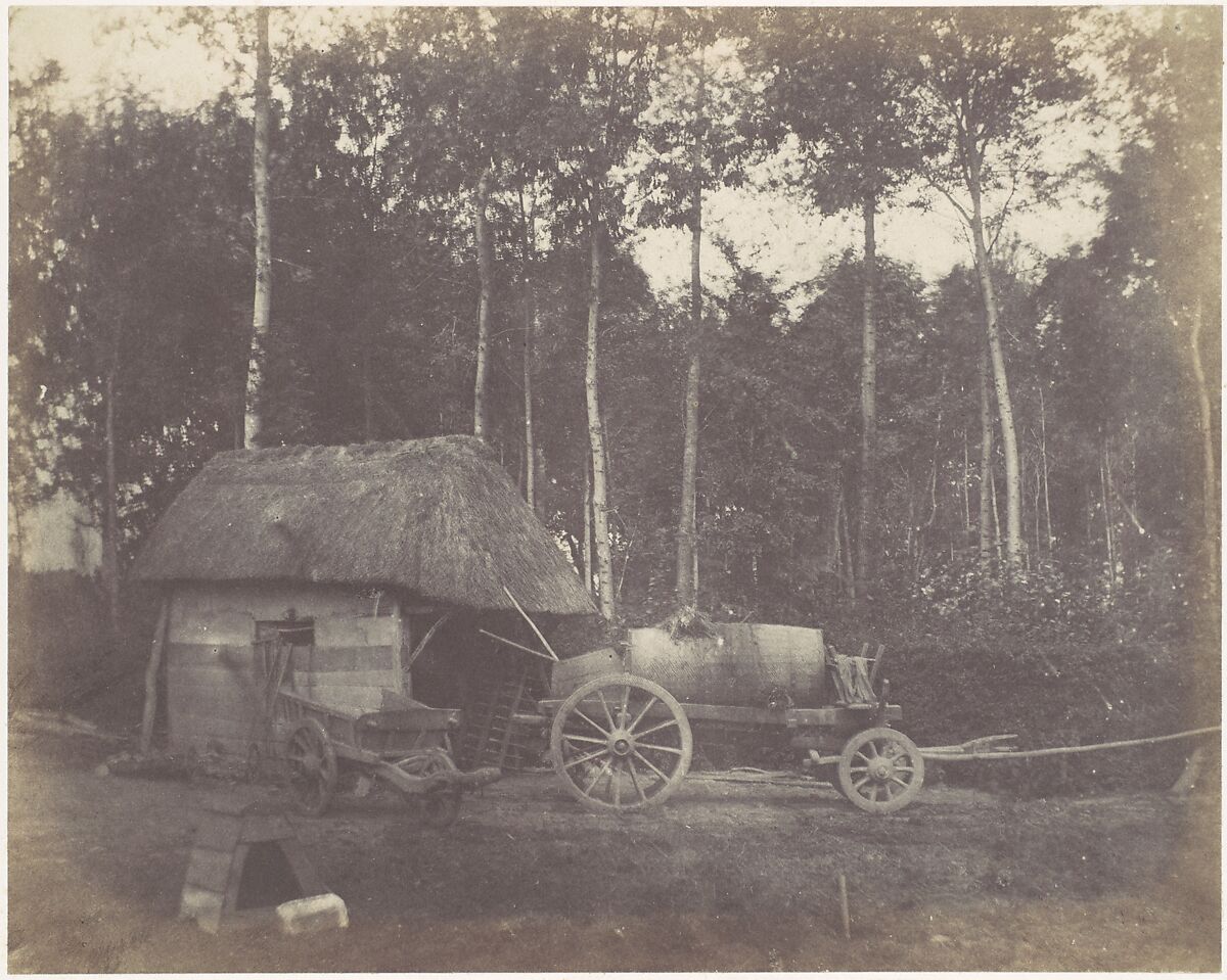 Charette devant l'entrée d'un abri au toit de chaume, Unknown (French), Salted paper print (Blanquart-Évrard process) from paper negative 