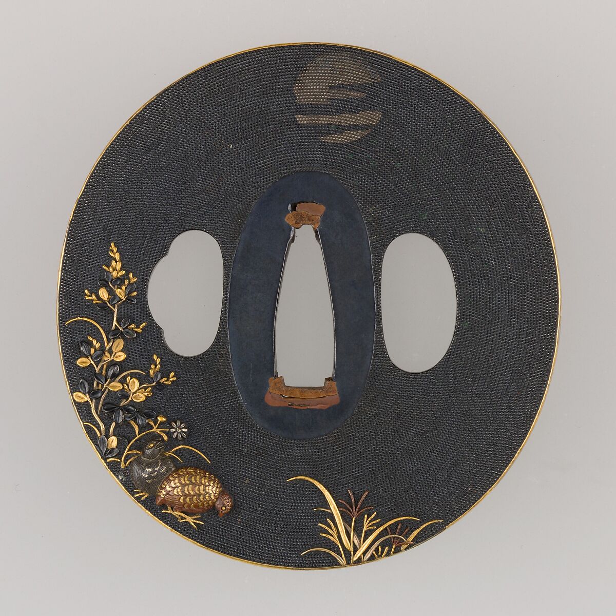 Sword Guard (Tsuba), Ishiguro Koreyoshi (Japanese, active 19th century), Iron, gold, copper, silver, copper-silver alloy (shibuichi), copper-gold alloy (shakudō), Japanese