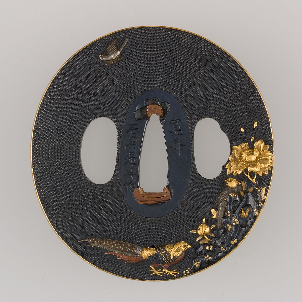 Sword Guard (Tsuba), Ishiguro Koreyoshi (Japanese, active 19th century), Iron, gold, copper, silver, copper-silver alloy (shibuichi), copper-gold alloy (shakudō), Japanese 