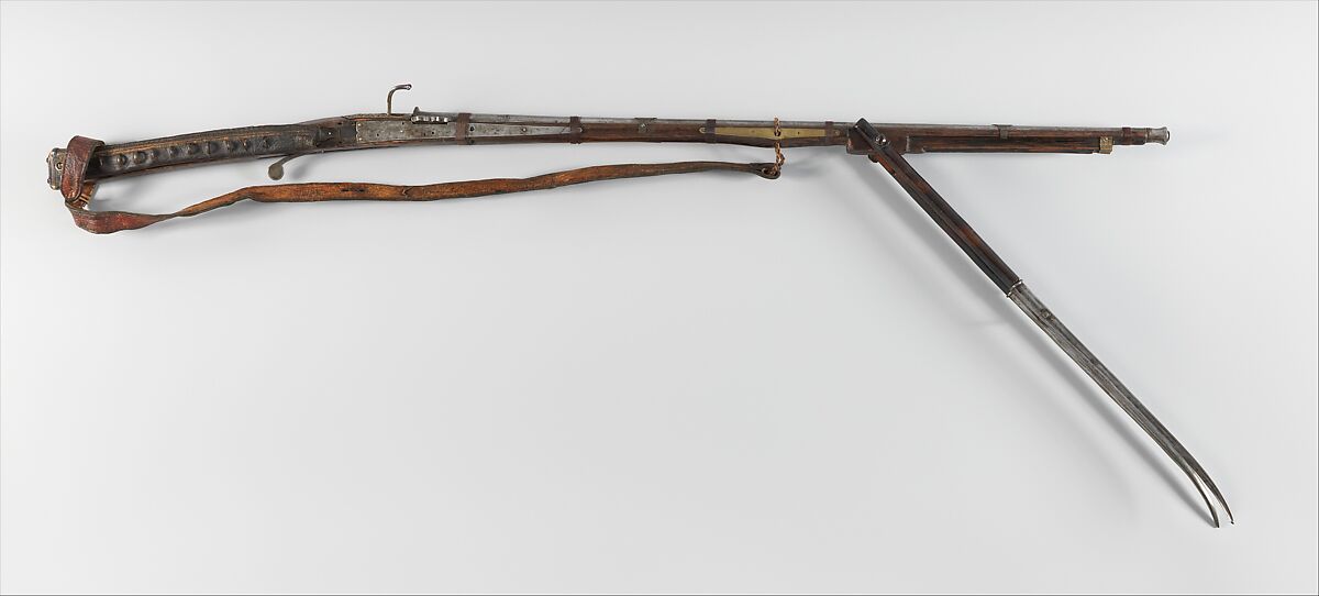 Matchlock Musket, Iron, wood, leather, brass, copper, Tibetan 