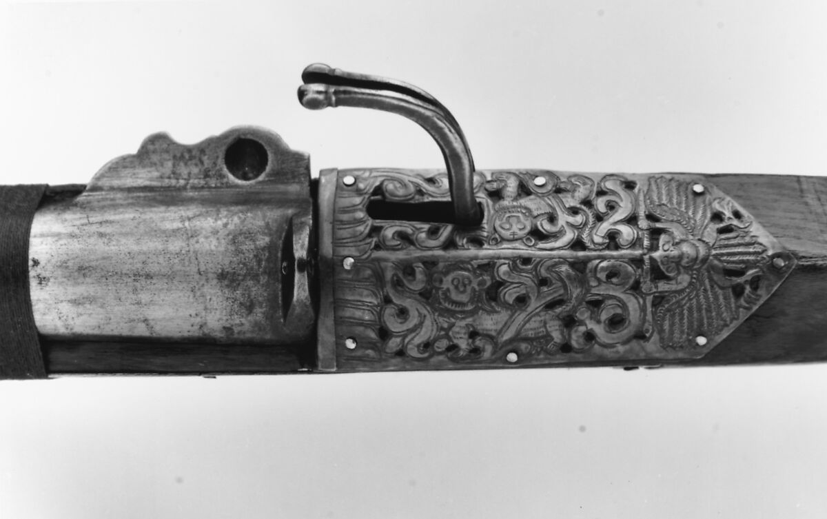 Matchlock Musket, Iron, wood, leather, brass, copper, Tibetan