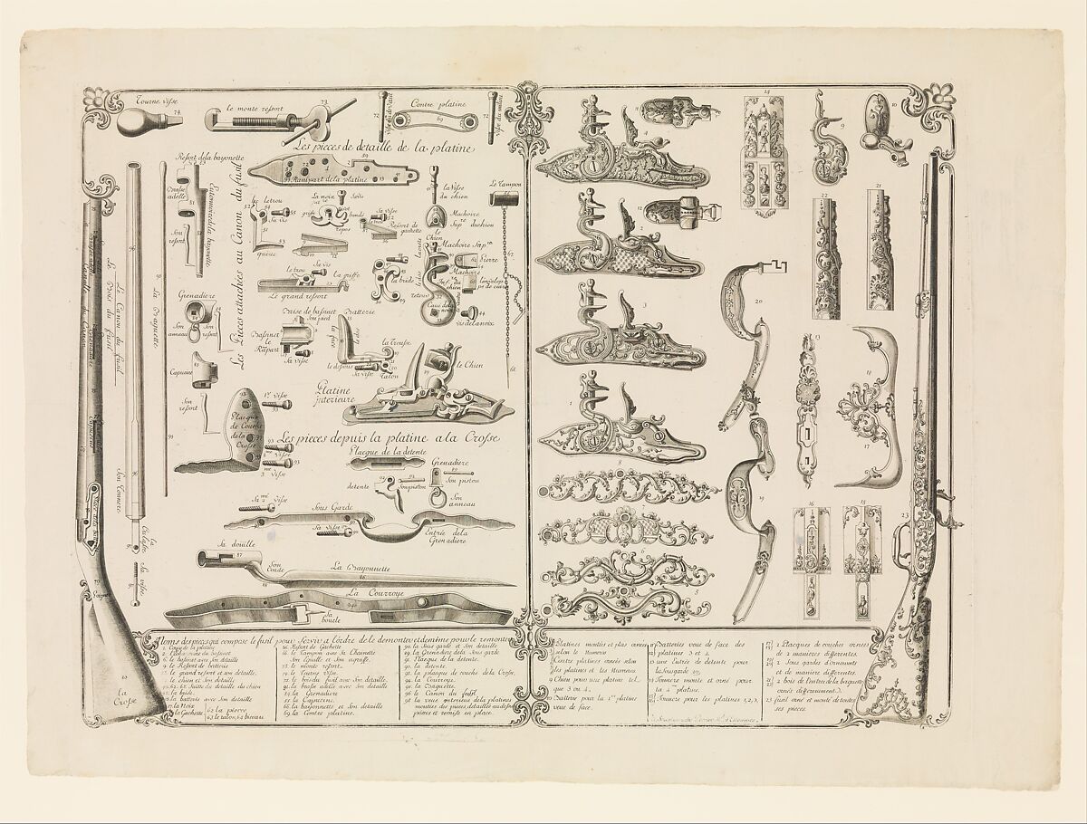 Engraving of Firearms Parts, Perrier (French, Strasbourg, active mid-18th century), Ink on paper, French, Strasbourg 
