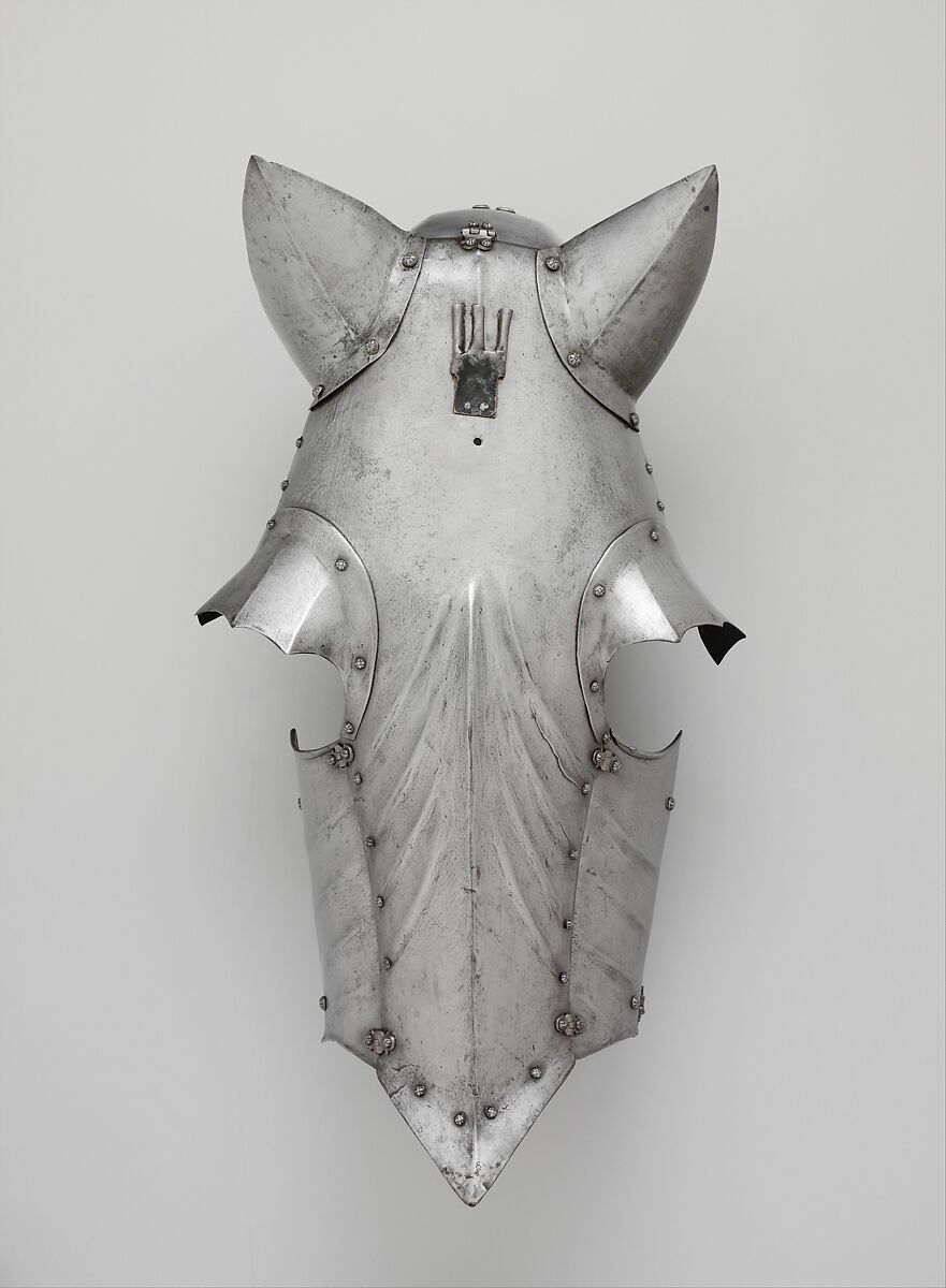 Shaffron (Horse's Head Defense), Attributed to Romain des Ursins (Italian, Milan, recorded in Lyon 1493–95), Steel, textile, Franco-Italian 