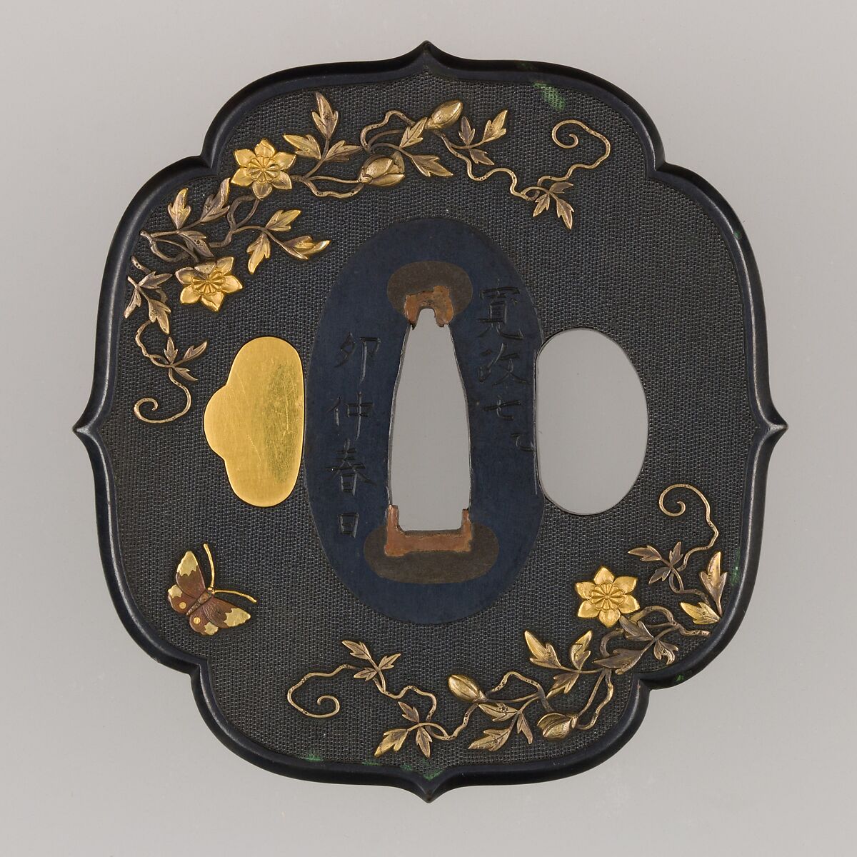 Sword Guard (Tsuba), Copper-gold alloy (shakudō), gold, copper, copper-silver alloy (shibuichi), Japanese 