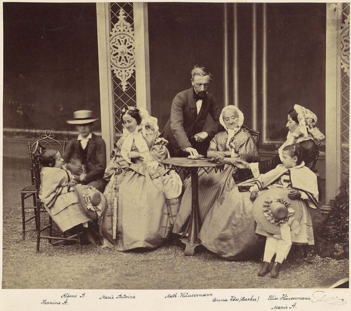 [Group Portrait of Five Adults and Two Children in a Garden], Franz Antoine (Austrian, Vienna 1815–1886 Vienna), Albumen silver print from glass negative 