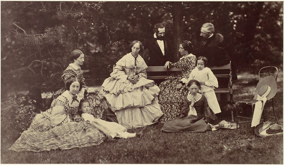 [Group Portrait of Four Women, Two Men and Three Children in a Garden], Franz Antoine  Austrian, Albumen silver print from glass negative