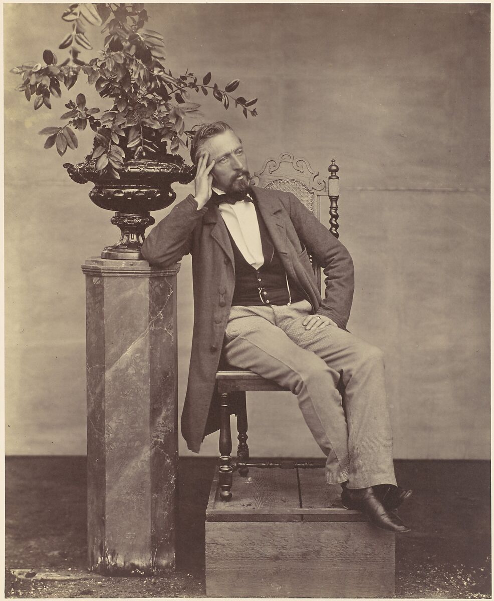 [Mathias Häusermann seated with elbow on pedestal holding a vase of flowers], Franz Antoine (Austrian, Vienna 1815–1886 Vienna), Albumen silver print from glass negative 