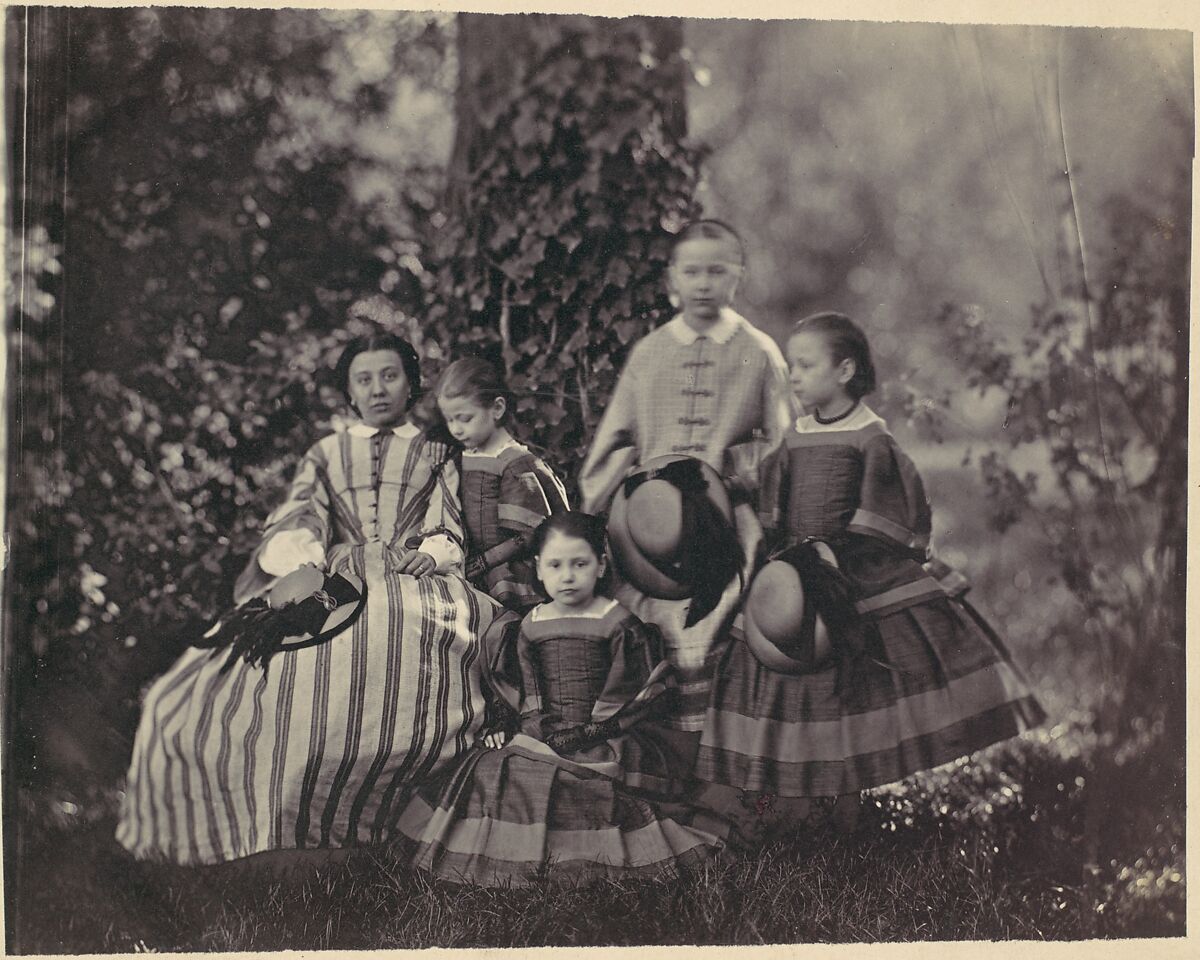 [Seated Lady in Striped Dress with Four Little Girls], Franz Antoine (Austrian, Vienna 1815–1886 Vienna), Coated salted paper print from glass negative 