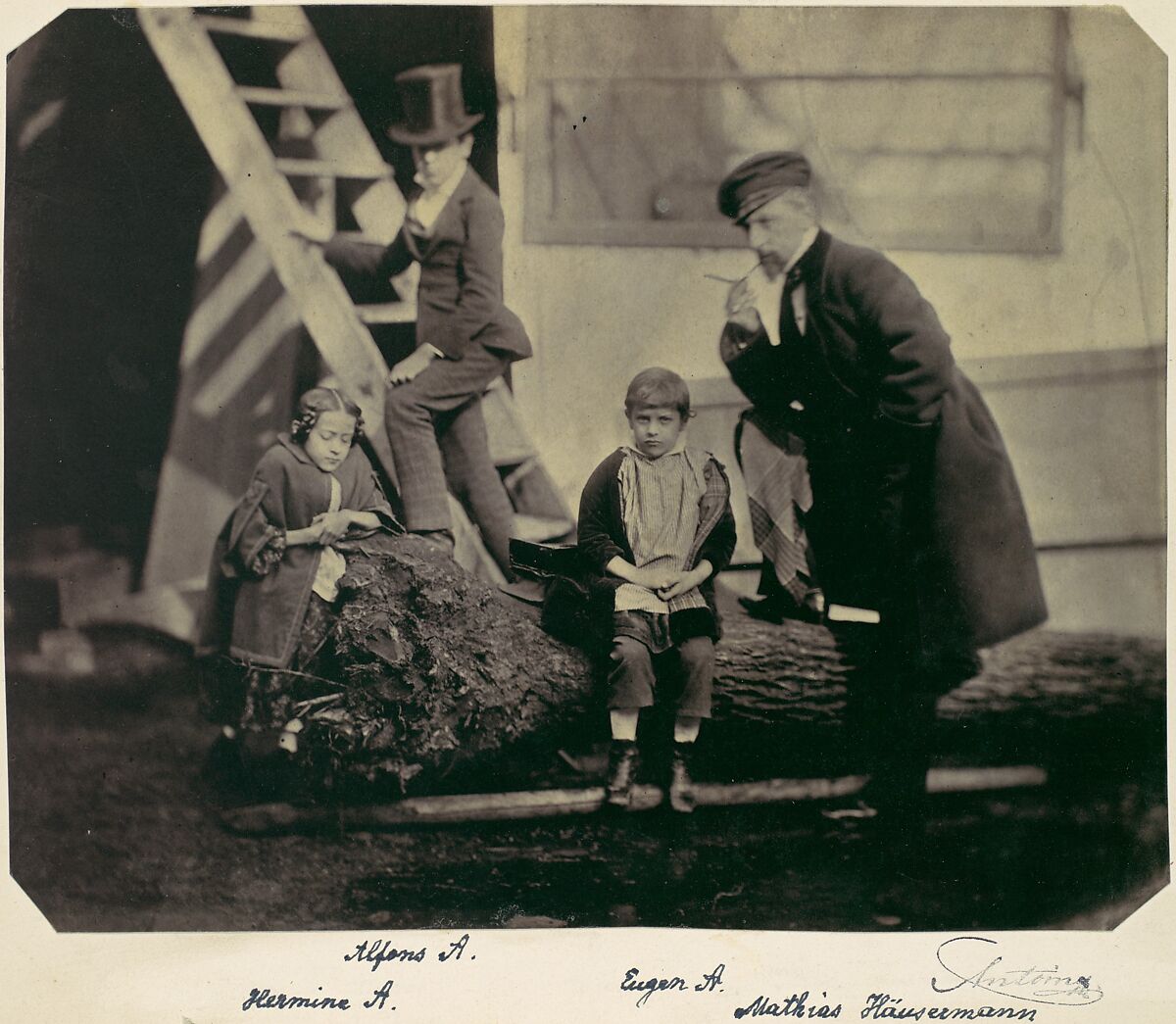 [Hermine, Alfons and Eugen Antoine and Mathias Häusermann on a fallen tree], Franz Antoine (Austrian, Vienna 1815–1886 Vienna), Albumen silver print from glass negative 