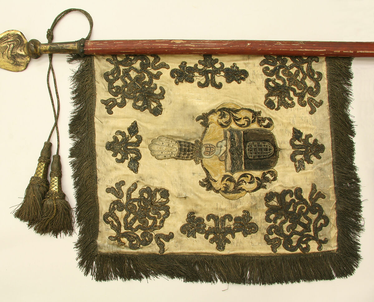 Alliance Banner and Shaft for a Wedding Procession for the Families Bessere von Thalfingen and Seutter von Lötzen, Silk, wood, metal, silver, gilding, German