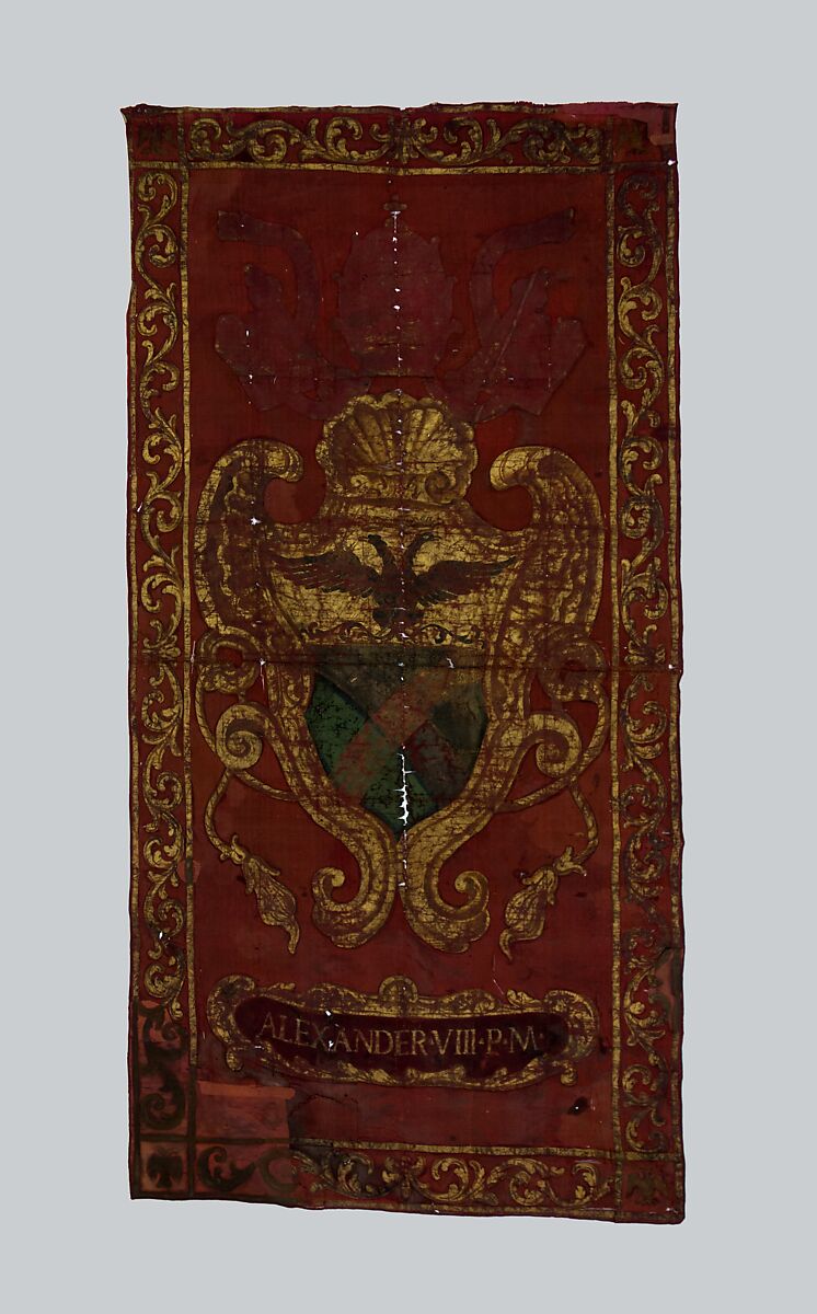Banner of Pope Alexander VIII (reigned 1689–91), Silk, gold pigment, polychromy, probably Italian, Rome 