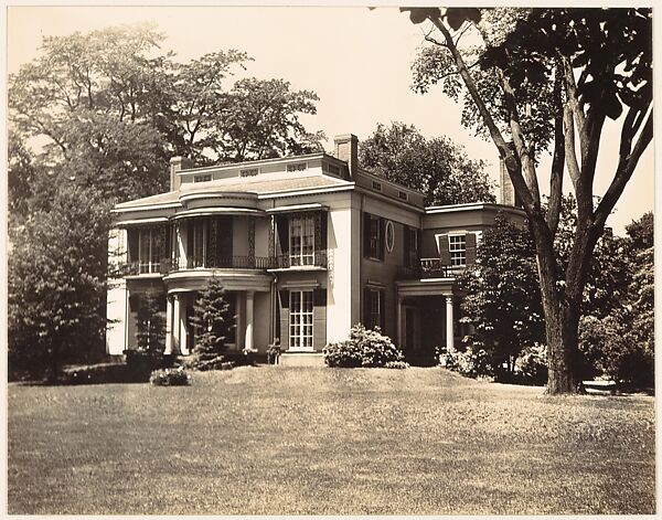 [Two Story House with Rounded Balcony, Seen from Across Lawn, Cambridge, Massachusetts], Walker Evans (American, St. Louis, Missouri 1903–1975 New Haven, Connecticut), Gelatin silver print 