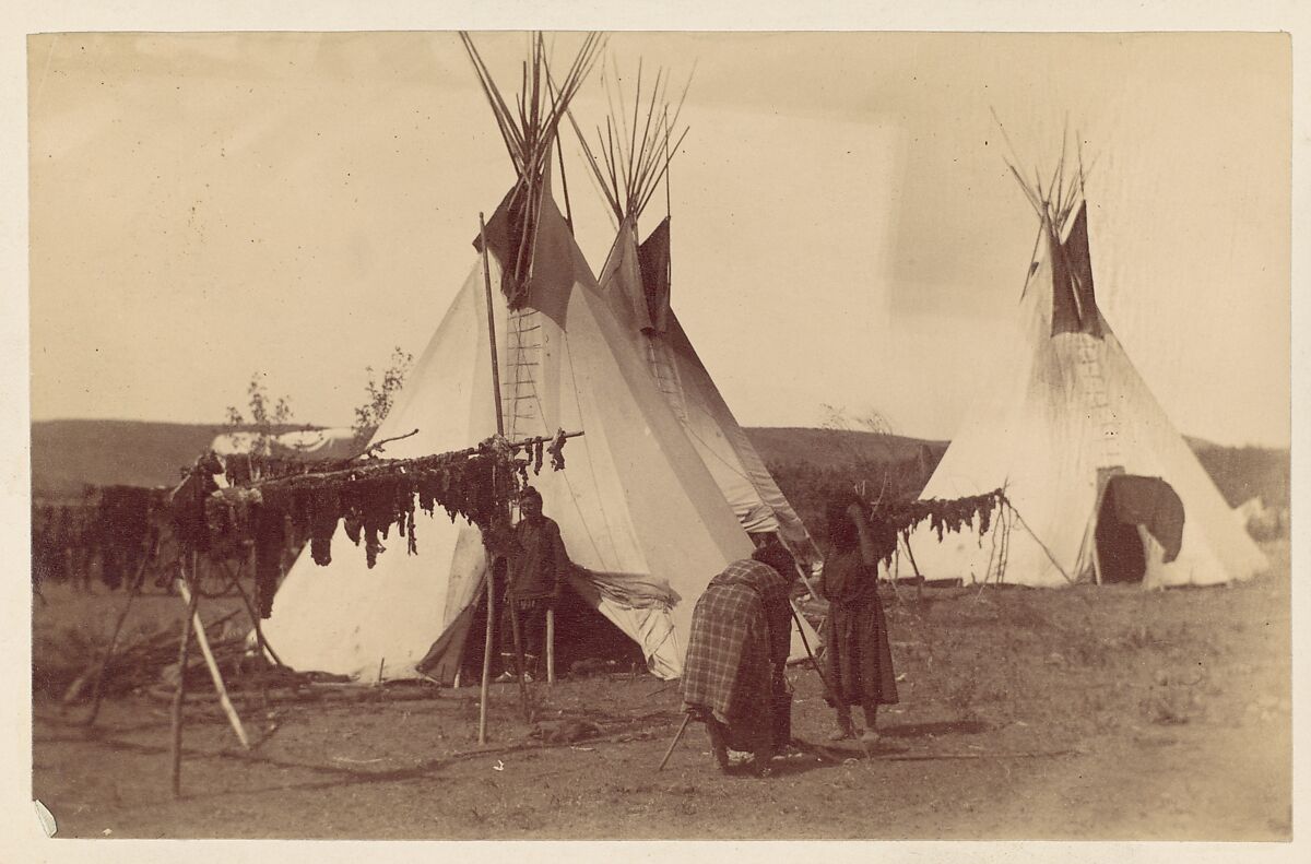 [Native American Woman in Camp with Racks of Drying Meat], Unknown (American), Albumen silver print from glass negative 