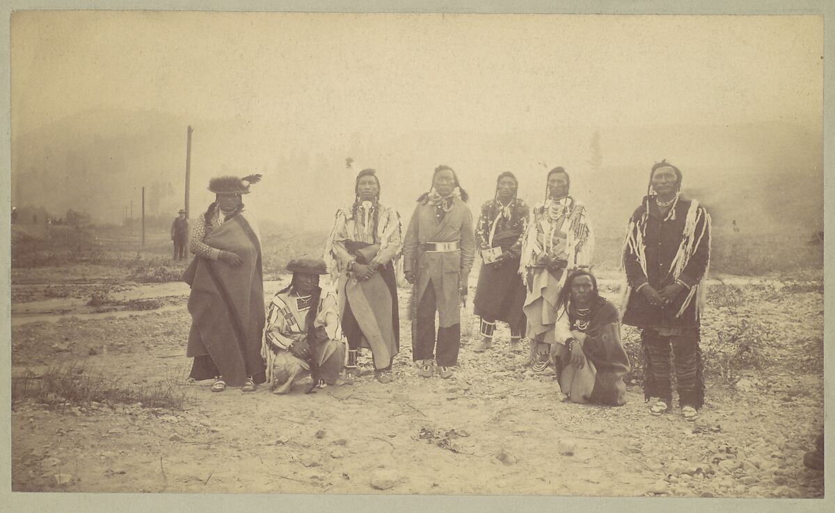 [Group of Native American Men, Telegraph Poles in Background], Unknown (American), Albumen silver print from glass negative 
