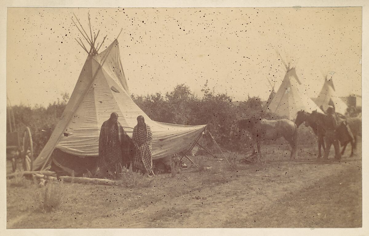 [Native American Women and Horses by Teepee in Camp], Unknown (American), Albumen silver print from glass negative 