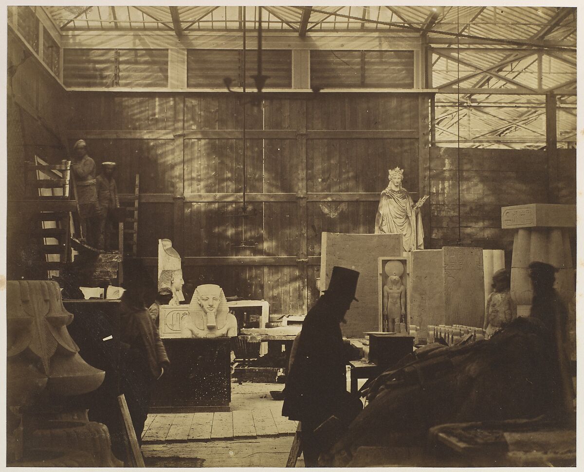 [Storeroom with Artisans and Plaster Casts, Crystal Palace], Philip Henry Delamotte (British, 1821–1889), Albumen silver print from glass negative 