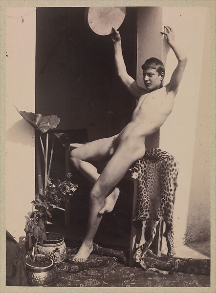 [Young Male Nude Seated on Leopard Skin], Guglielmo Plüshow (Italian (born Germany) 1852–1930), Albumen silver print from glass negative 