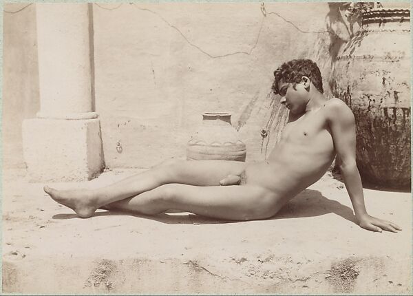 [Reclining Male Nude Beside Vase], Wilhelm von Gloeden (Italian (born Germany), 1886–1931), Albumen silver print from glass negative 