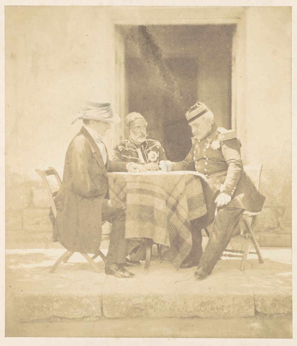 The Council of War on the Morning of the Taking of the Mamelon.  Lord Raglan, Omar Pasha, Marshal Pélissier, Roger Fenton (British, 1819–1869), Albumen silver print from glass negative 
