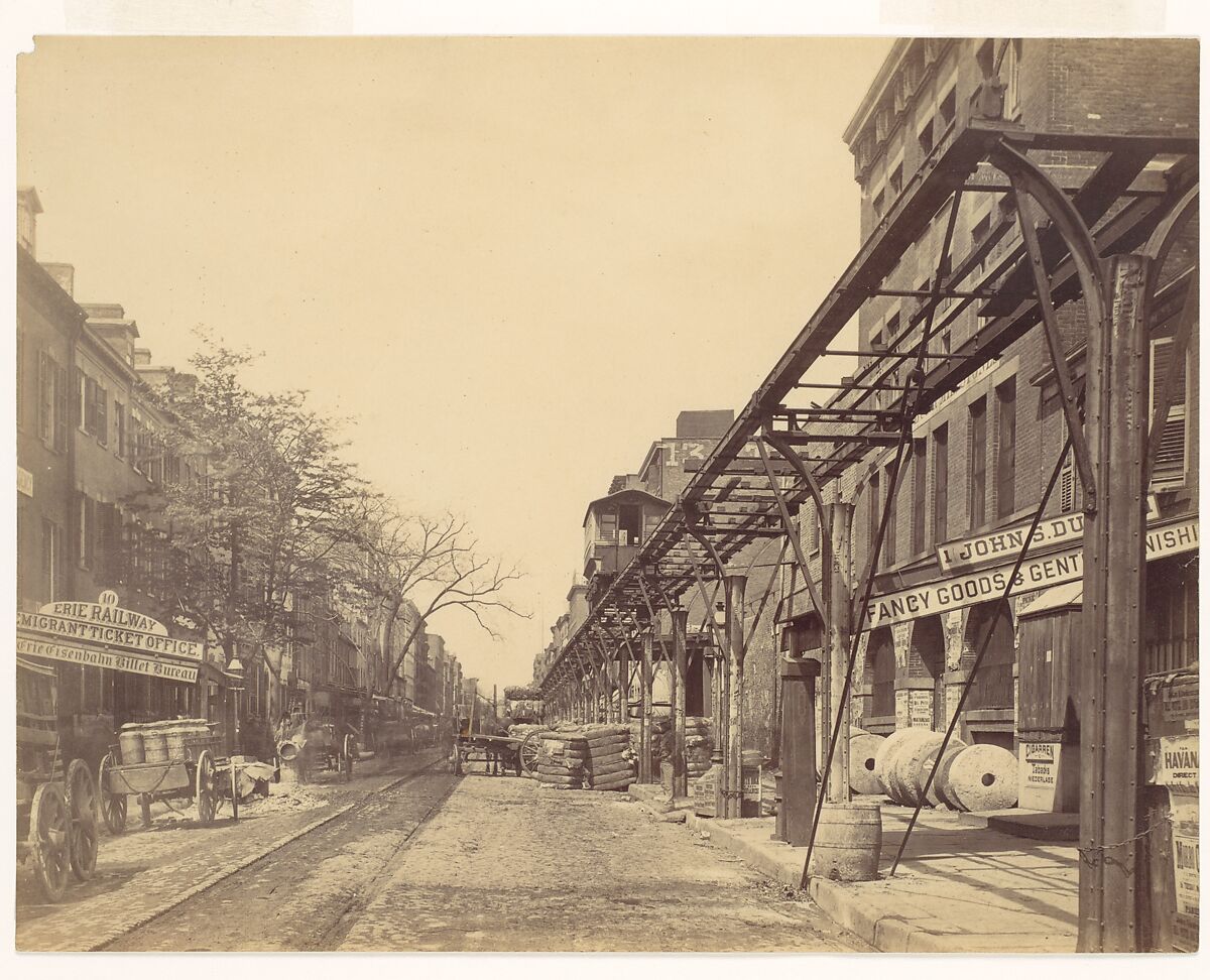 [Greenwich Street, New York City, with Office of Erie Railway], Unknown (American), Albumen silver print from glass negative 