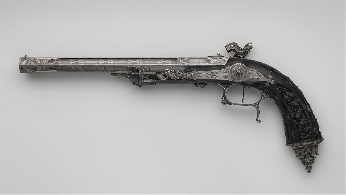 Pair of Percussion Target Pistols Made for Display at the 1844 Exposition des Produits de l'Industrie in Paris, Signed by Alfred Gauvain (French, Paris 1801–1889 Paris), Steel, wood (ebony), French, Paris