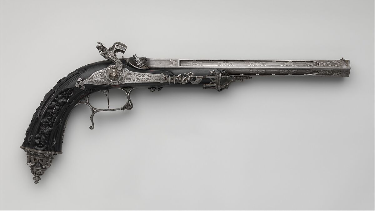 Pair of Percussion Target Pistols Made for Display at the 1844 Exposition des Produits de l'Industrie in Paris, Signed by Alfred Gauvain (French, Paris 1801–1889 Paris), Steel, wood (ebony), French, Paris