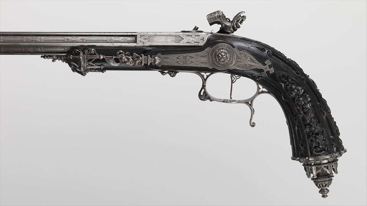 Pair of Percussion Target Pistols Made for Display at the 1844 Exposition des Produits de l'Industrie in Paris, Signed by Alfred Gauvain (French, Paris 1801–1889 Paris), Steel, wood (ebony), French, Paris