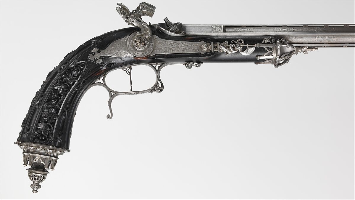 Pair of Percussion Target Pistols Made for Display at the 1844 Exposition des Produits de l'Industrie in Paris, Signed by Alfred Gauvain (French, Paris 1801–1889 Paris), Steel, wood (ebony), French, Paris