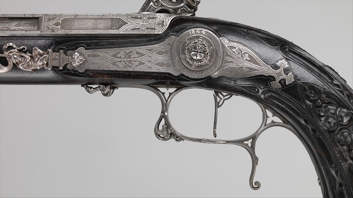 Pair of Percussion Target Pistols Made for Display at the 1844 Exposition des Produits de l'Industrie in Paris, Signed by Alfred Gauvain (French, Paris 1801–1889 Paris), Steel, wood (ebony), French, Paris