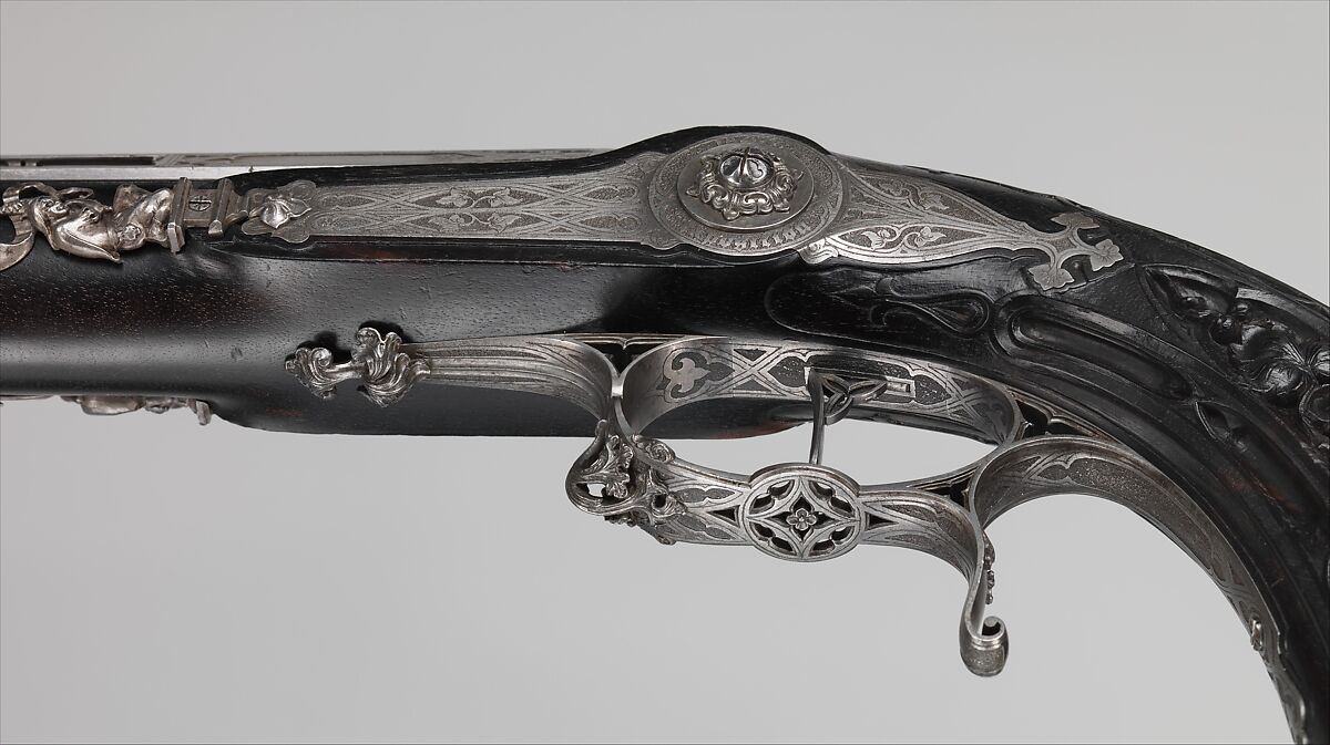Pair of Percussion Target Pistols Made for Display at the 1844 Exposition des Produits de l'Industrie in Paris, Signed by Alfred Gauvain (French, Paris 1801–1889 Paris), Steel, wood (ebony), French, Paris
