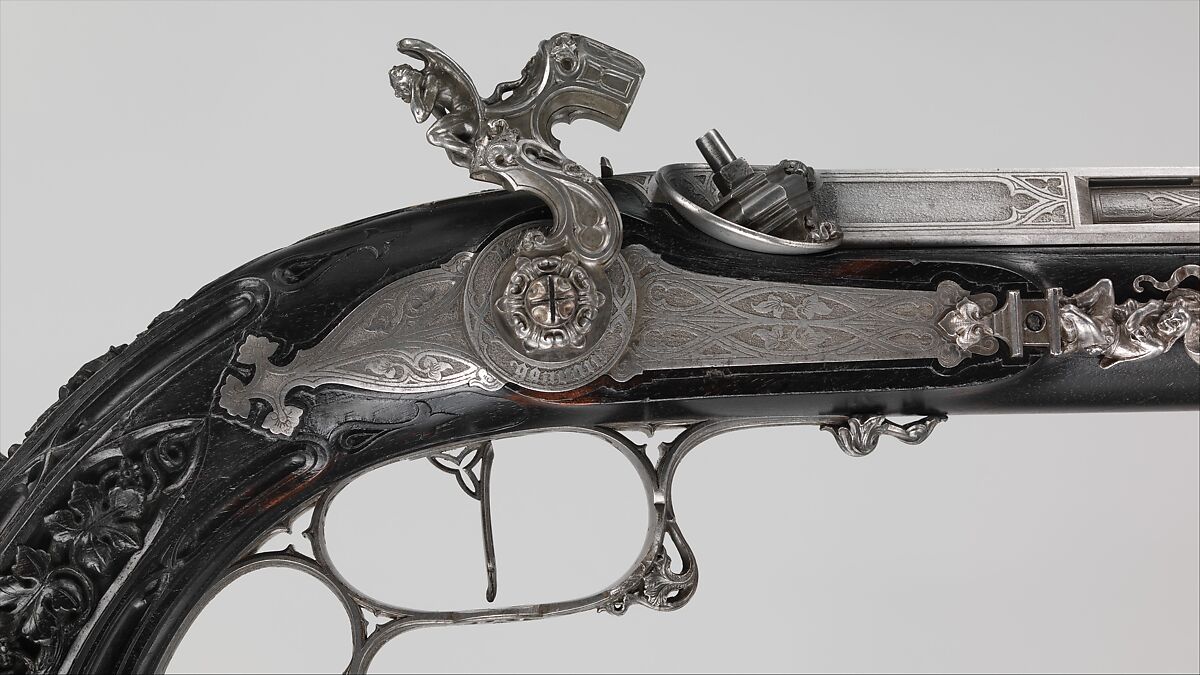 Pair of Percussion Target Pistols Made for Display at the 1844 Exposition des Produits de l'Industrie in Paris, Signed by Alfred Gauvain (French, Paris 1801–1889 Paris), Steel, wood (ebony), French, Paris