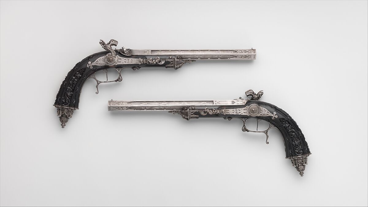 Pair of Percussion Target Pistols Made for Display at the 1844 Exposition des Produits de l'Industrie in Paris, Signed by Alfred Gauvain (French, Paris 1801–1889 Paris), Steel, wood (ebony), French, Paris 