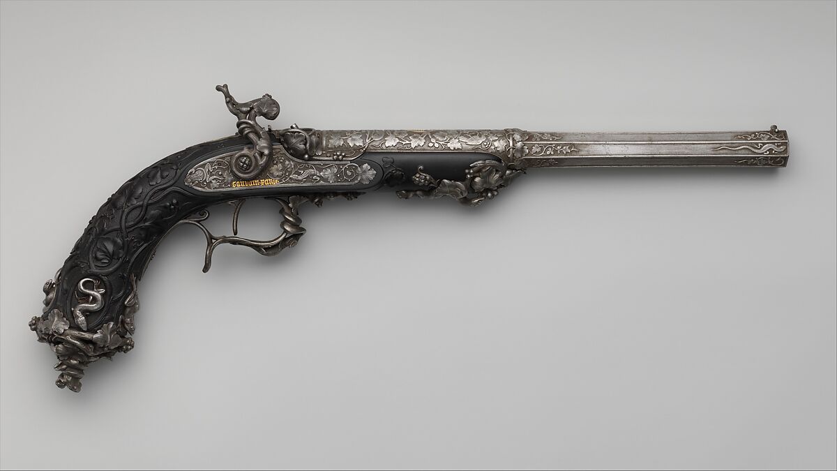 Pair of Percussion Target Pistols Made for Display at the Crystal Palace Exhibition in London, 1851, Signed by Alfred Gauvain (French, Paris 1801–1889 Paris), Steel, wood (ebony), gold, French, Paris