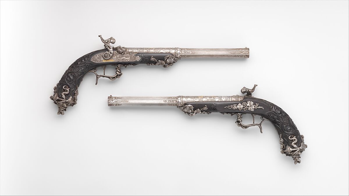 Pair of Percussion Target Pistols Made for Display at the Crystal Palace Exhibition in London, 1851, Signed by Alfred Gauvain (French, Paris 1801–1889 Paris), Steel, wood (ebony), gold, French, Paris 