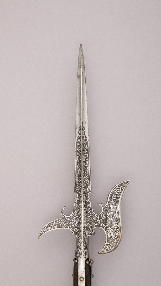 Halberd, Steel, wood, leather, textile (velvet), German