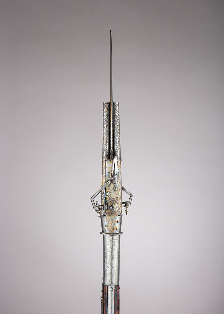 Boar Spear with Double Barrel Wheellock Pistol, Steel, gold, German, Saxony