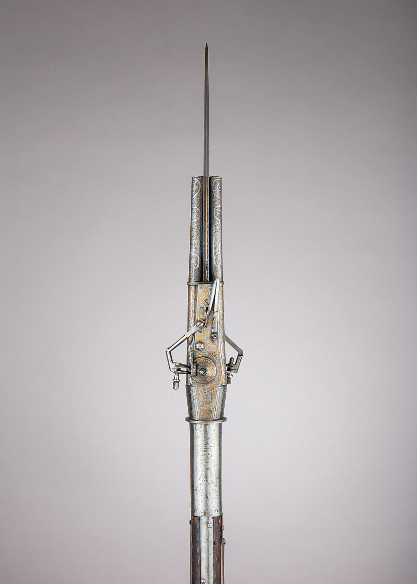 Boar Spear with Double Barrel Wheellock Pistol, Steel, gold, German, Saxony