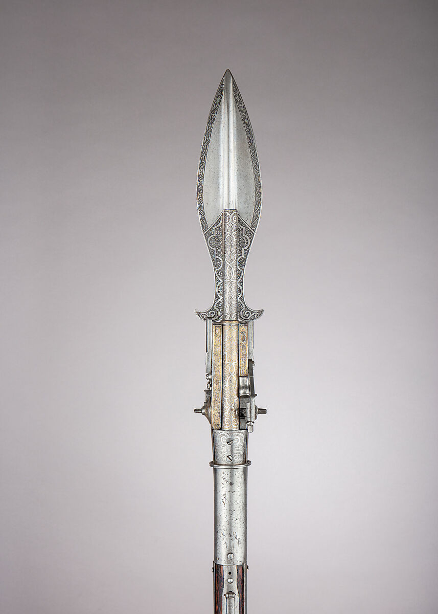Boar Spear with Double Barrel Wheellock Pistol, Steel, gold, German, Saxony