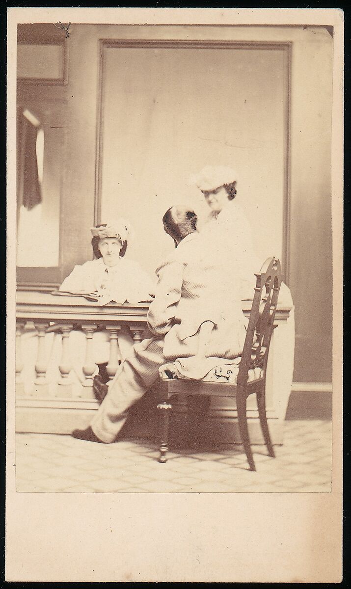 [Man, Seen from the Back, Conversing with Two Woman], Unknown, Albumen silver print 