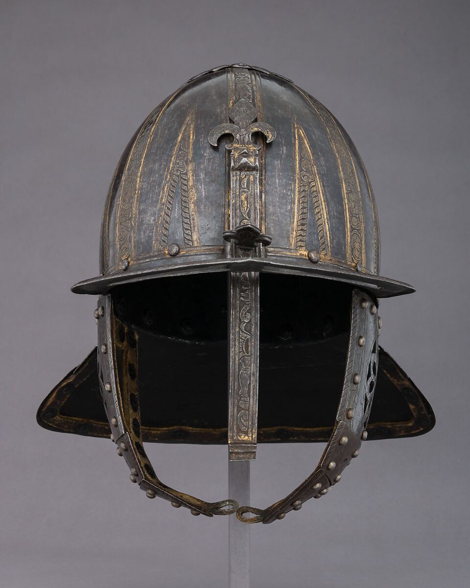 Lobster-Tail Burgonet, Steel, leather, gold, North Italian