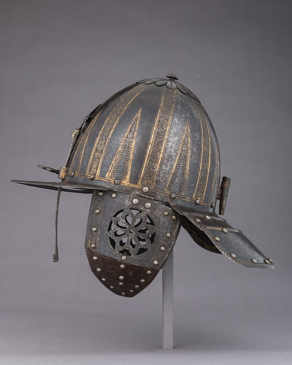 Lobster-Tail Burgonet, Steel, leather, gold, North Italian