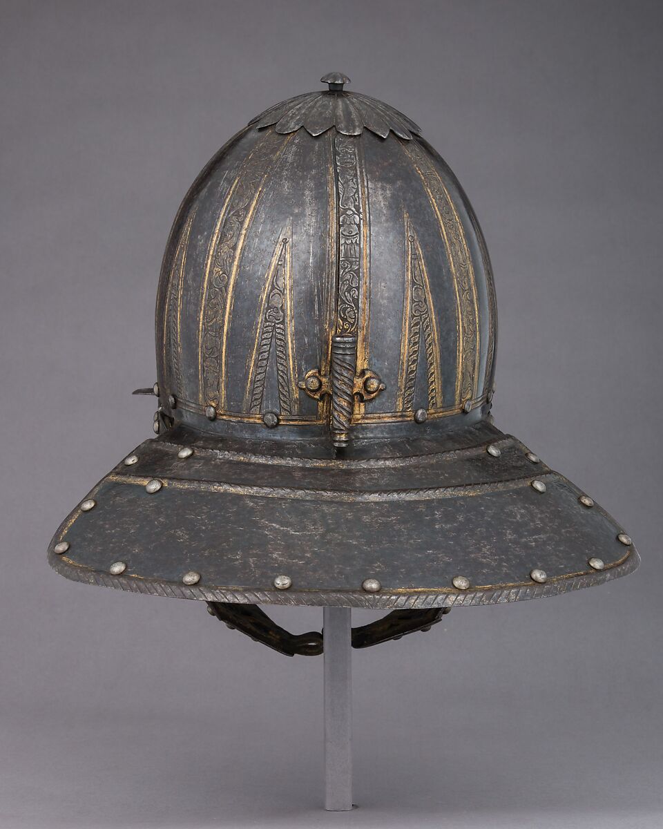 Lobster-Tail Burgonet, Steel, leather, gold, North Italian