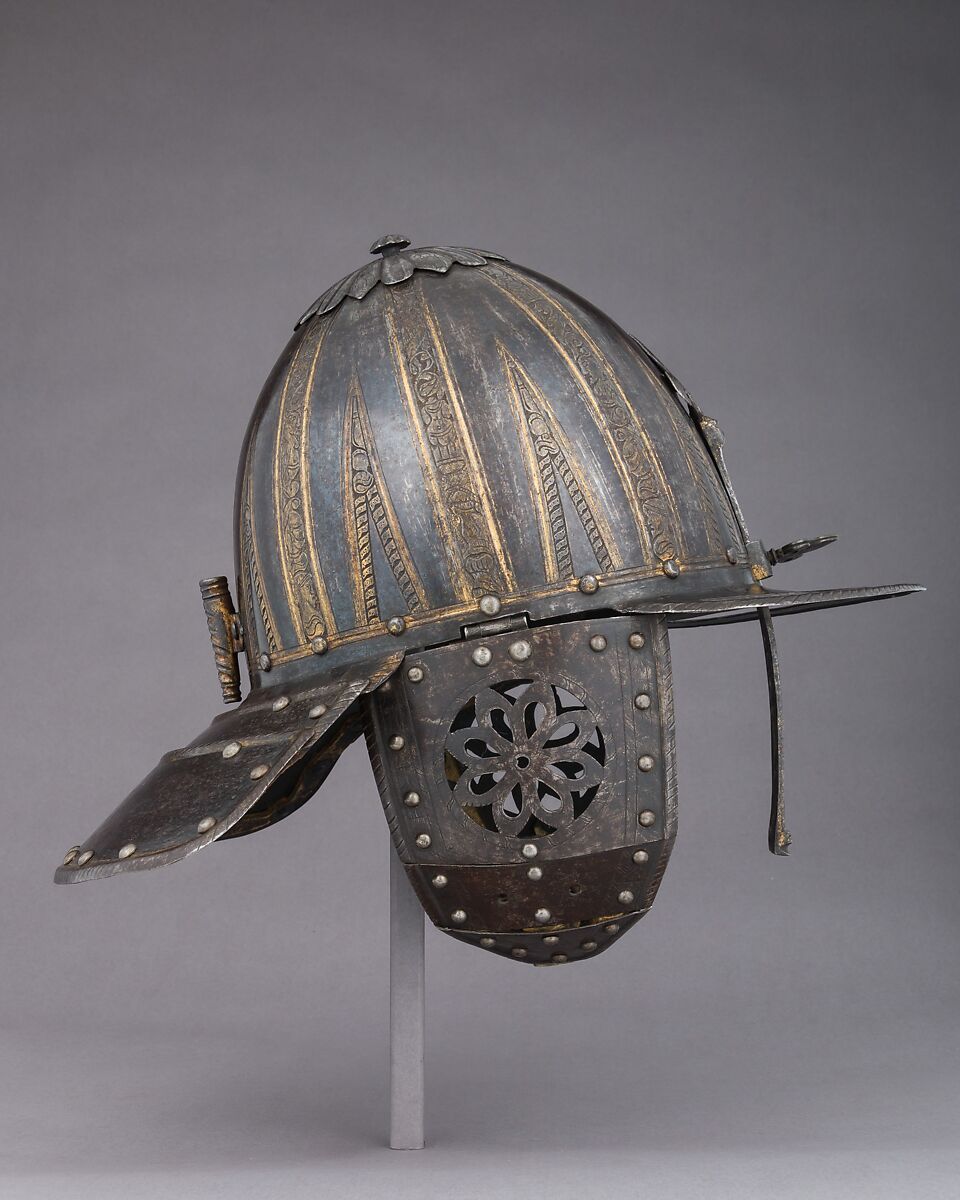 Lobster-Tail Burgonet, Steel, leather, gold, North Italian