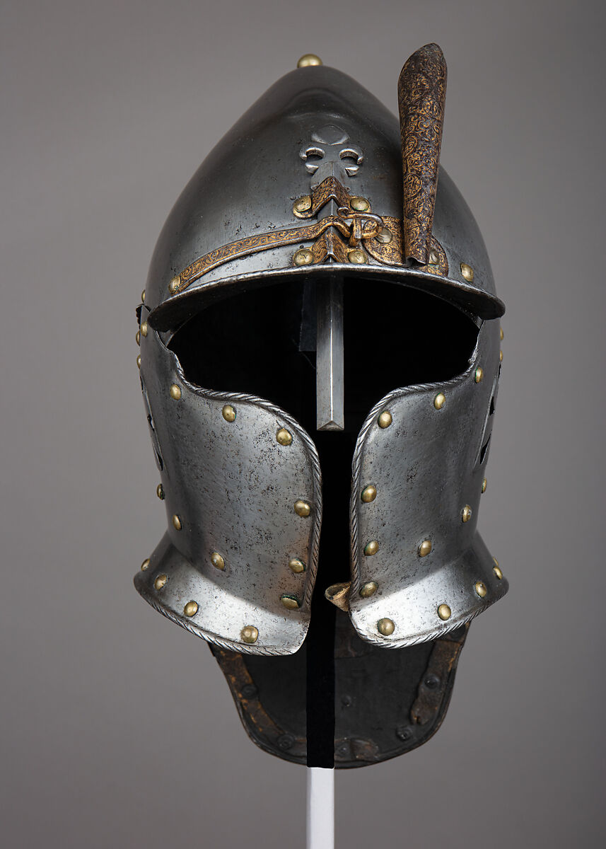 Lobster-Tail Burgonet, Steel, leather, gold, brass, German