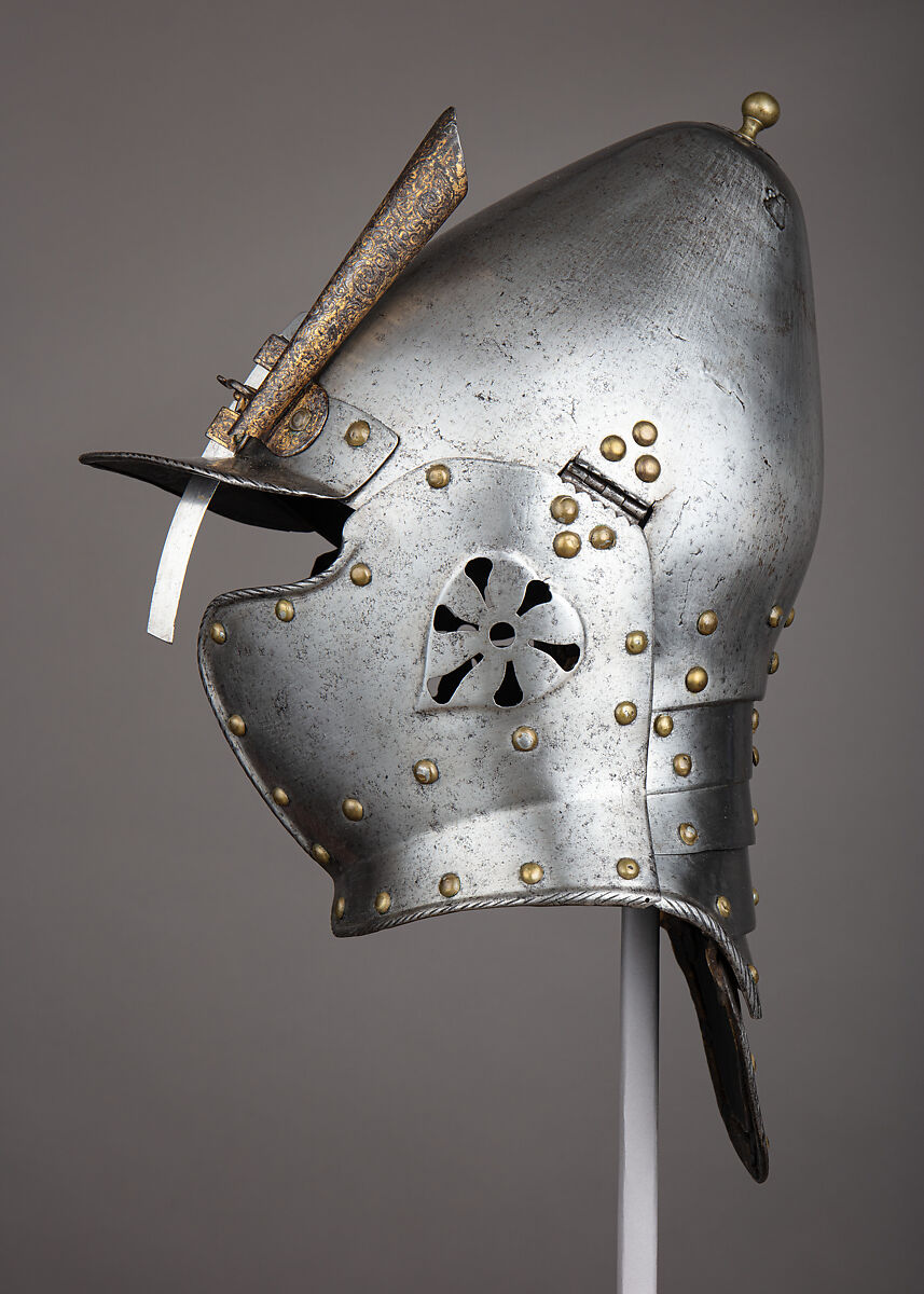 Lobster-Tail Burgonet, Steel, leather, gold, brass, German