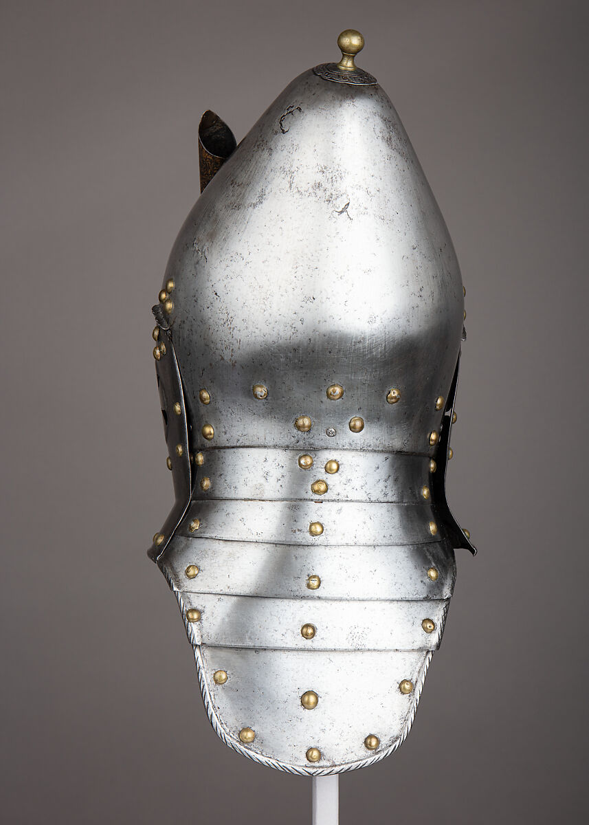 Lobster-Tail Burgonet, Steel, leather, gold, brass, German