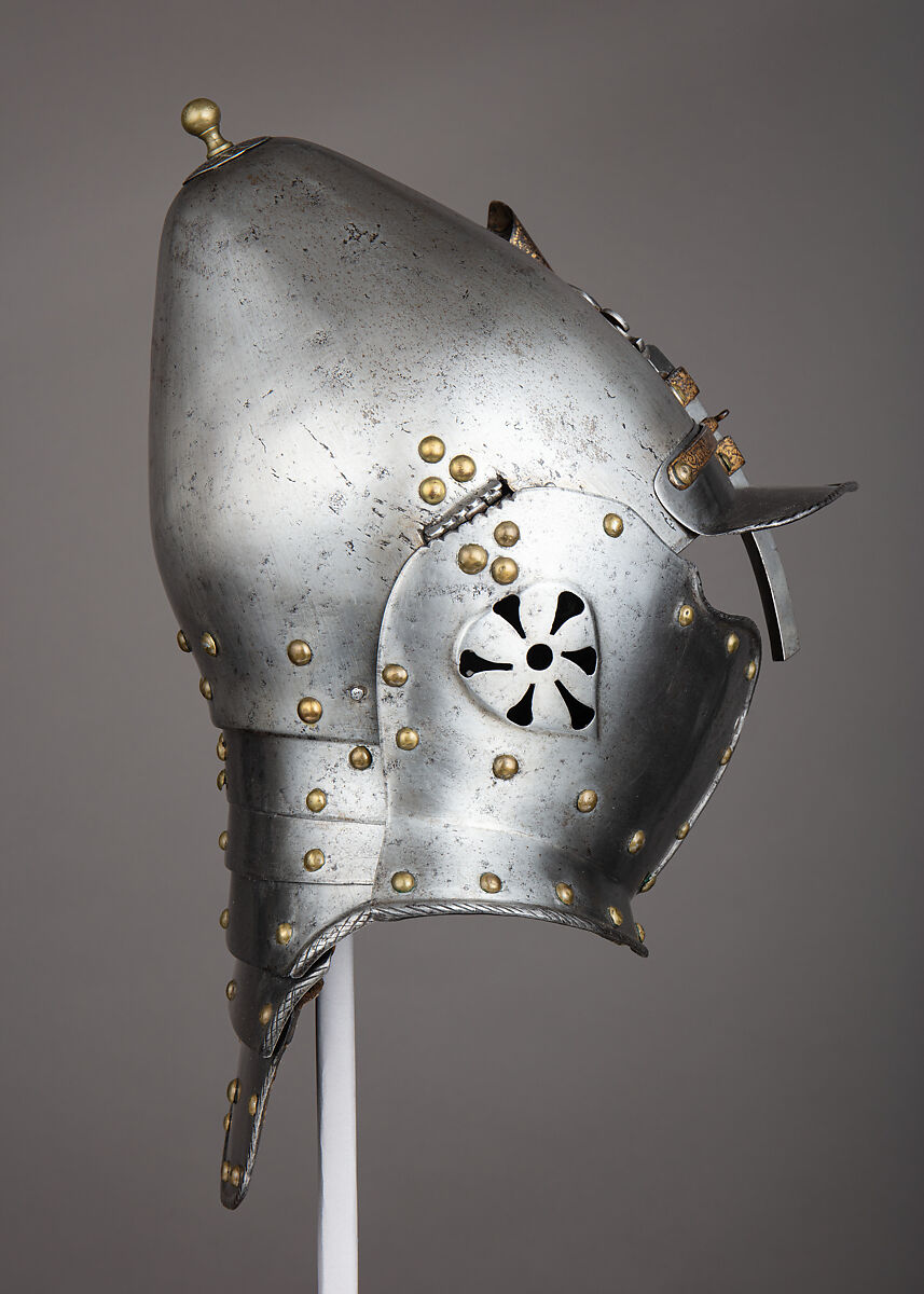 Lobster-Tail Burgonet, Steel, leather, gold, brass, German