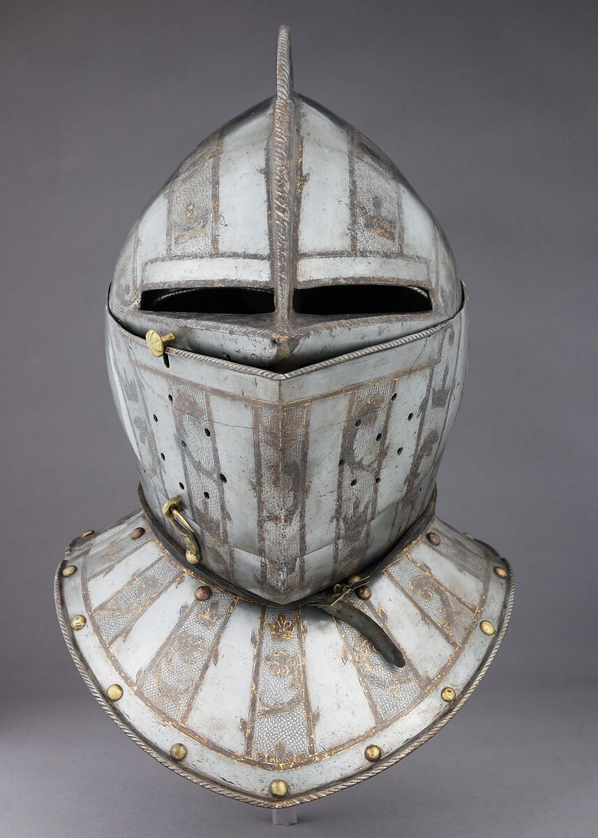 Close Helmet, Steel, gold, leather, copper alloy, French