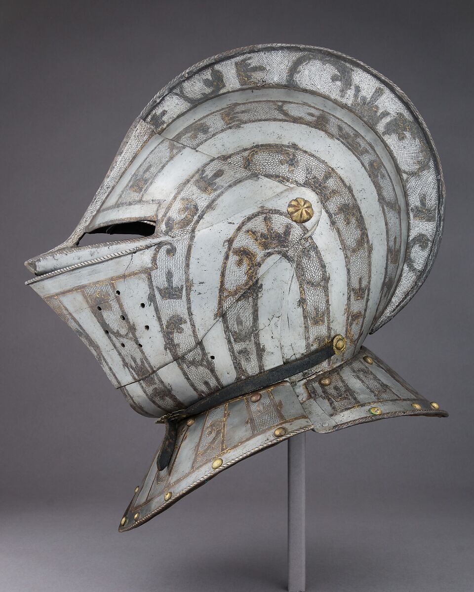 Close Helmet, Steel, gold, leather, copper alloy, French